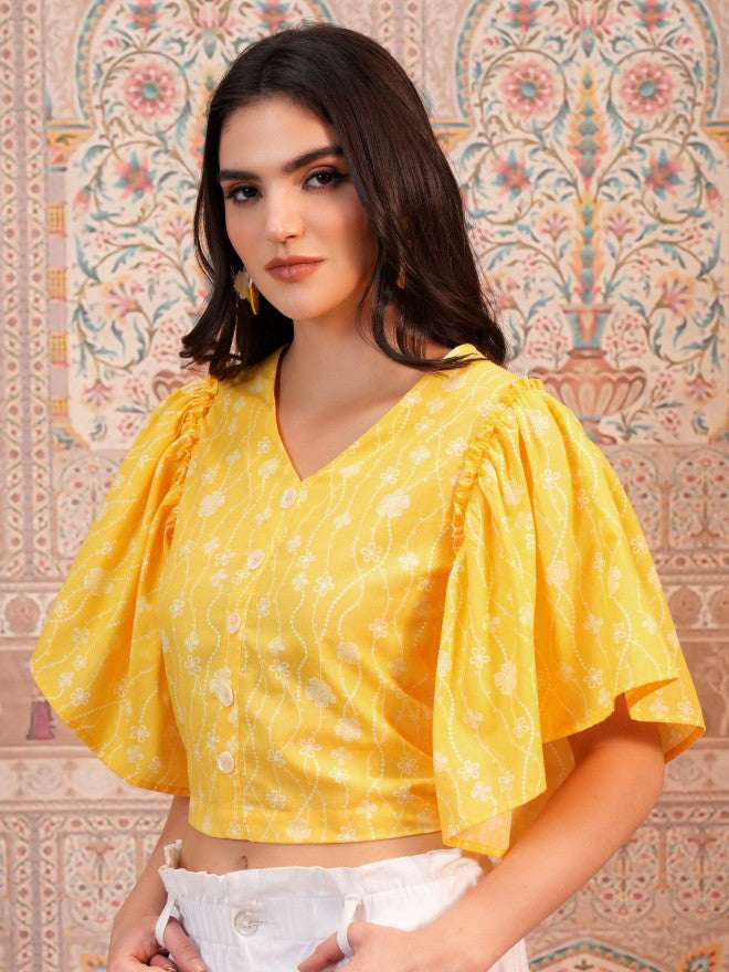 Vishudh Women Yellow Printed Top - Yellow - Image 4
