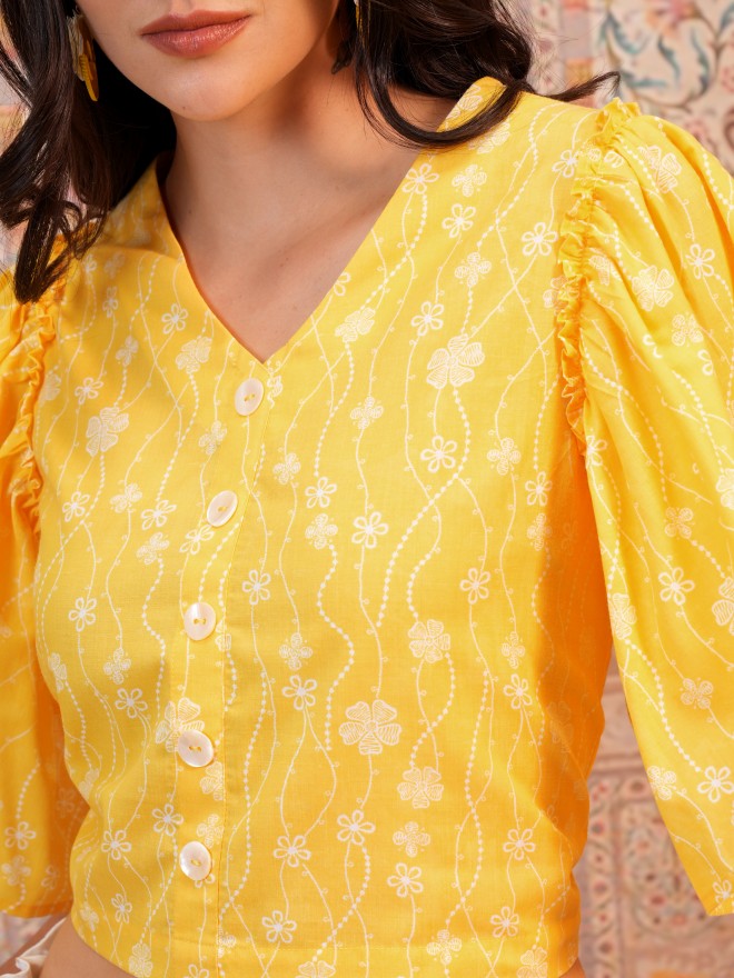 Vishudh Women Yellow Printed Top - Yellow - Image 5