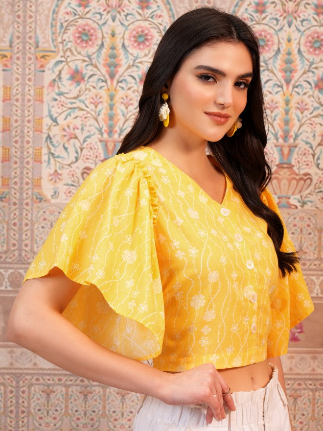Vishudh Women Yellow Printed Top - Yellow - Image 6