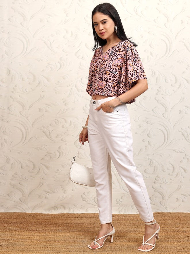 Vishudh Women Peach Printed Crop Top - Peach - Image 2
