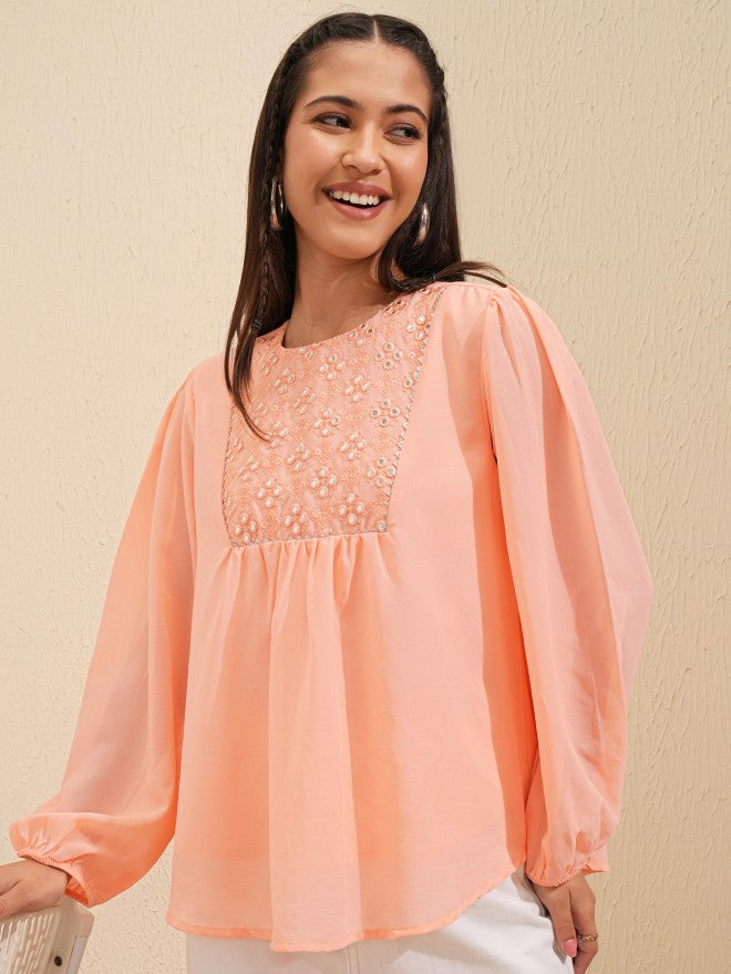 Vishudh Women Peach Embroidered Top - Peach - Image 1