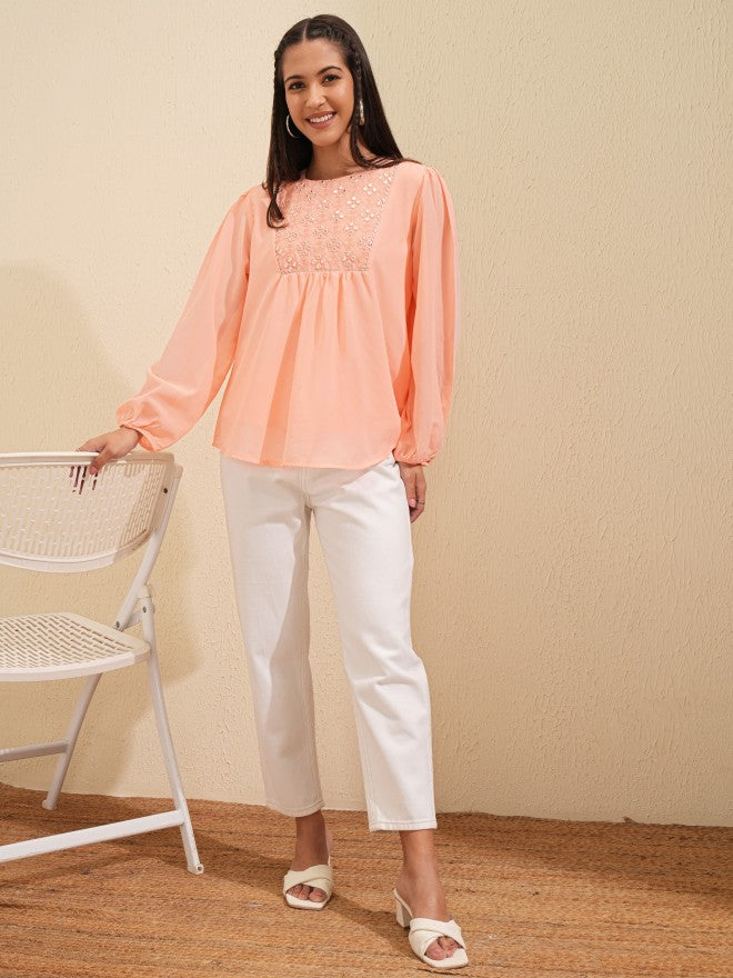 Vishudh Women Peach Embroidered Top - Peach - Image 2