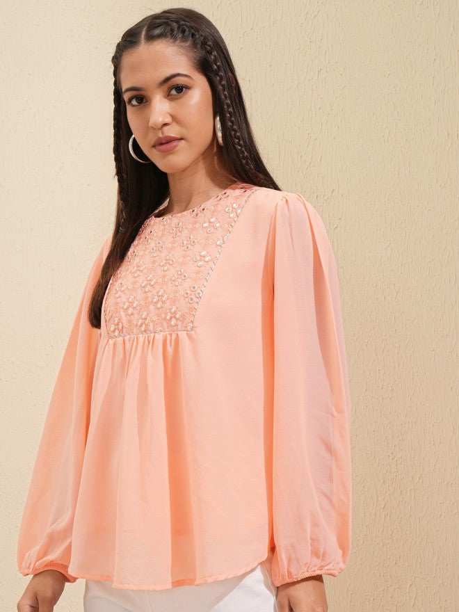 Vishudh Women Peach Embroidered Top - Peach - Image 4