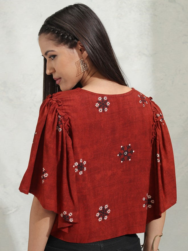 Vishudh Women Maroon Embroidered Regular Top - Maroon - Image 3