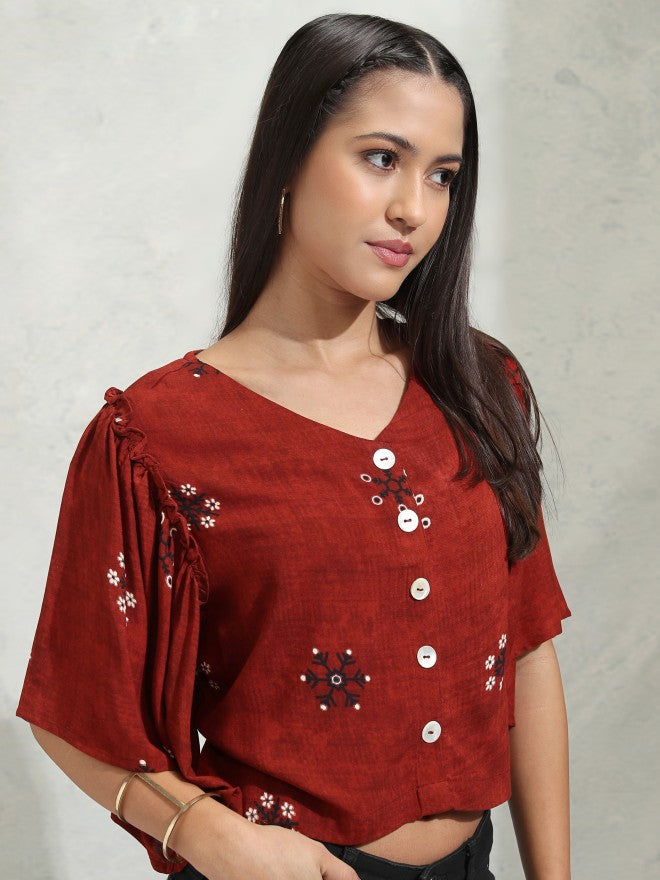 Vishudh Women Maroon Embroidered Regular Top - Maroon - Image 6