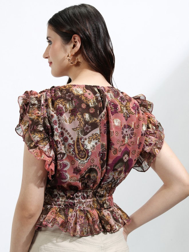 Vishudh Women Peach Printed Top - Peach - Image 3