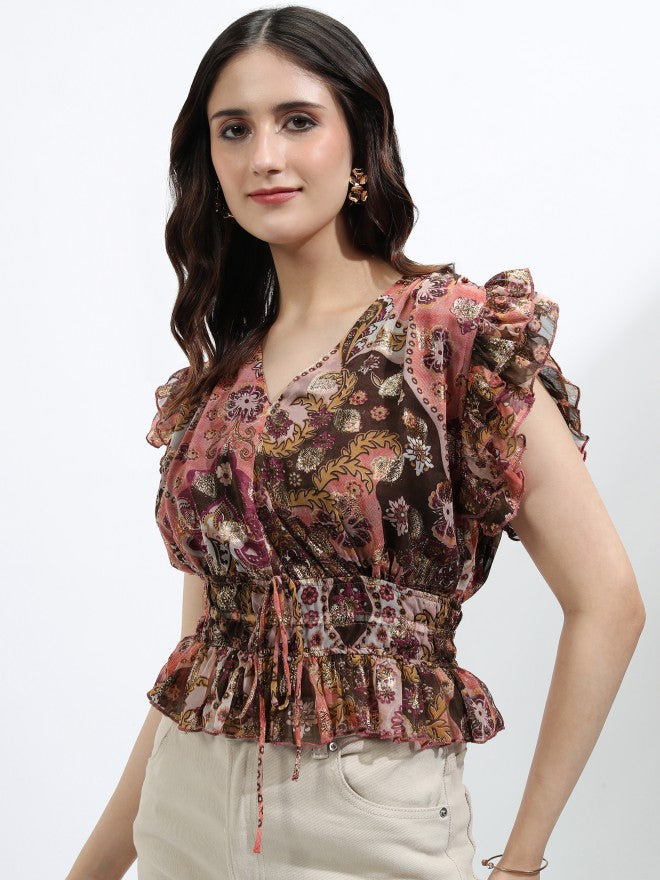 Vishudh Women Peach Printed Top - Peach - Image 4