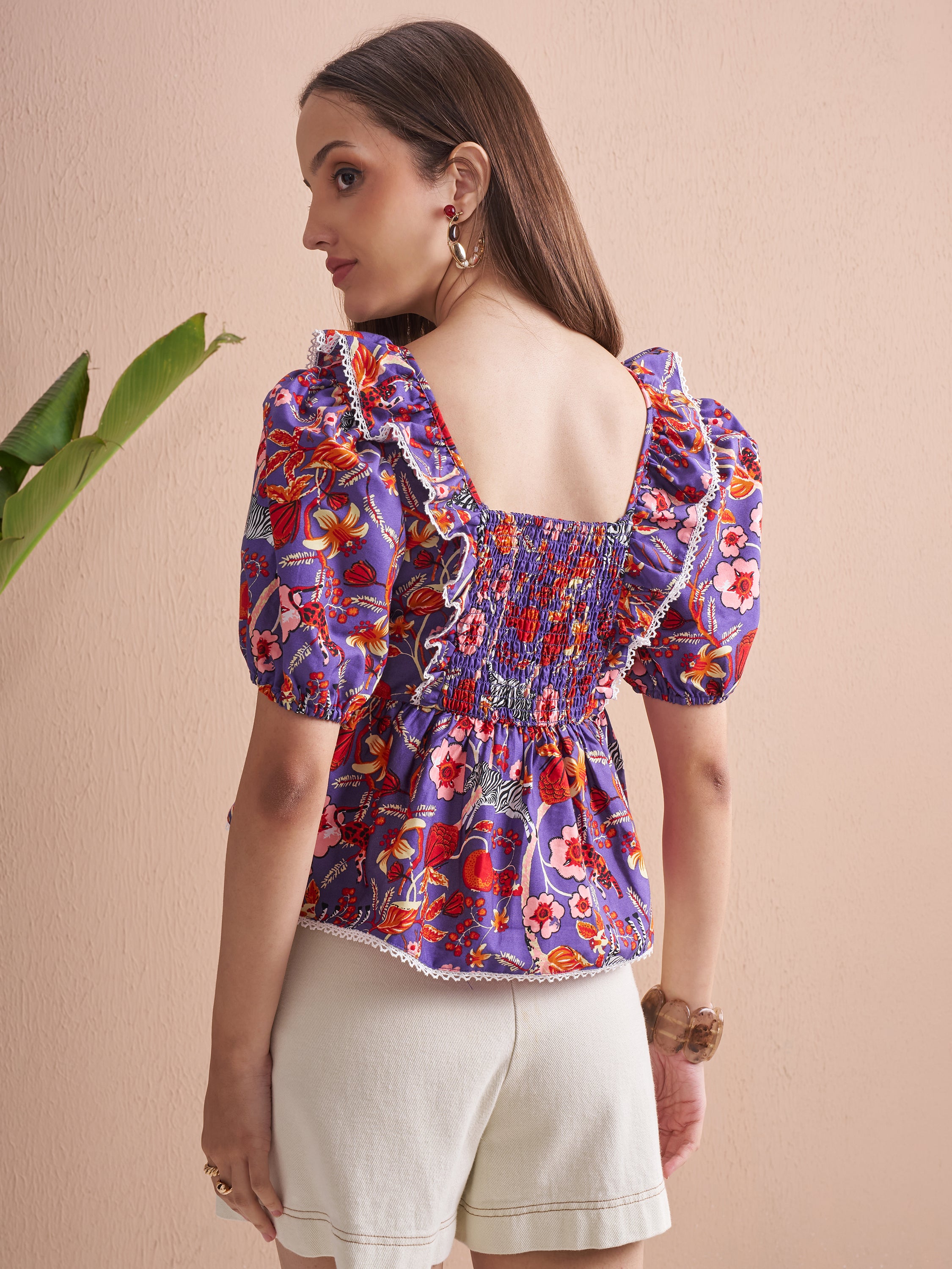Vishudh Women Purple Printed Top - Purple - Image 3