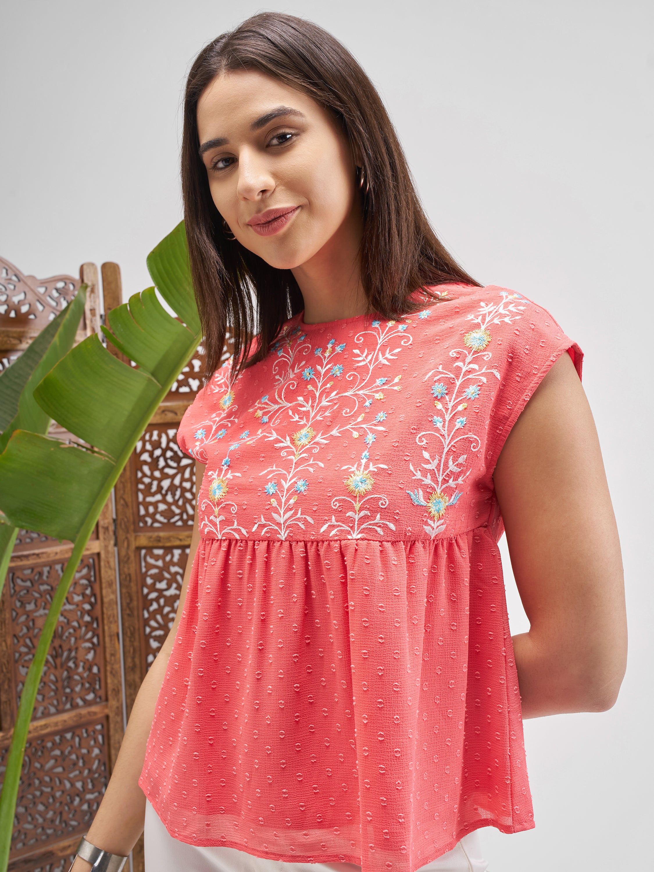 Vishudh Women Peach Embroidered Top - Peach - Image 1