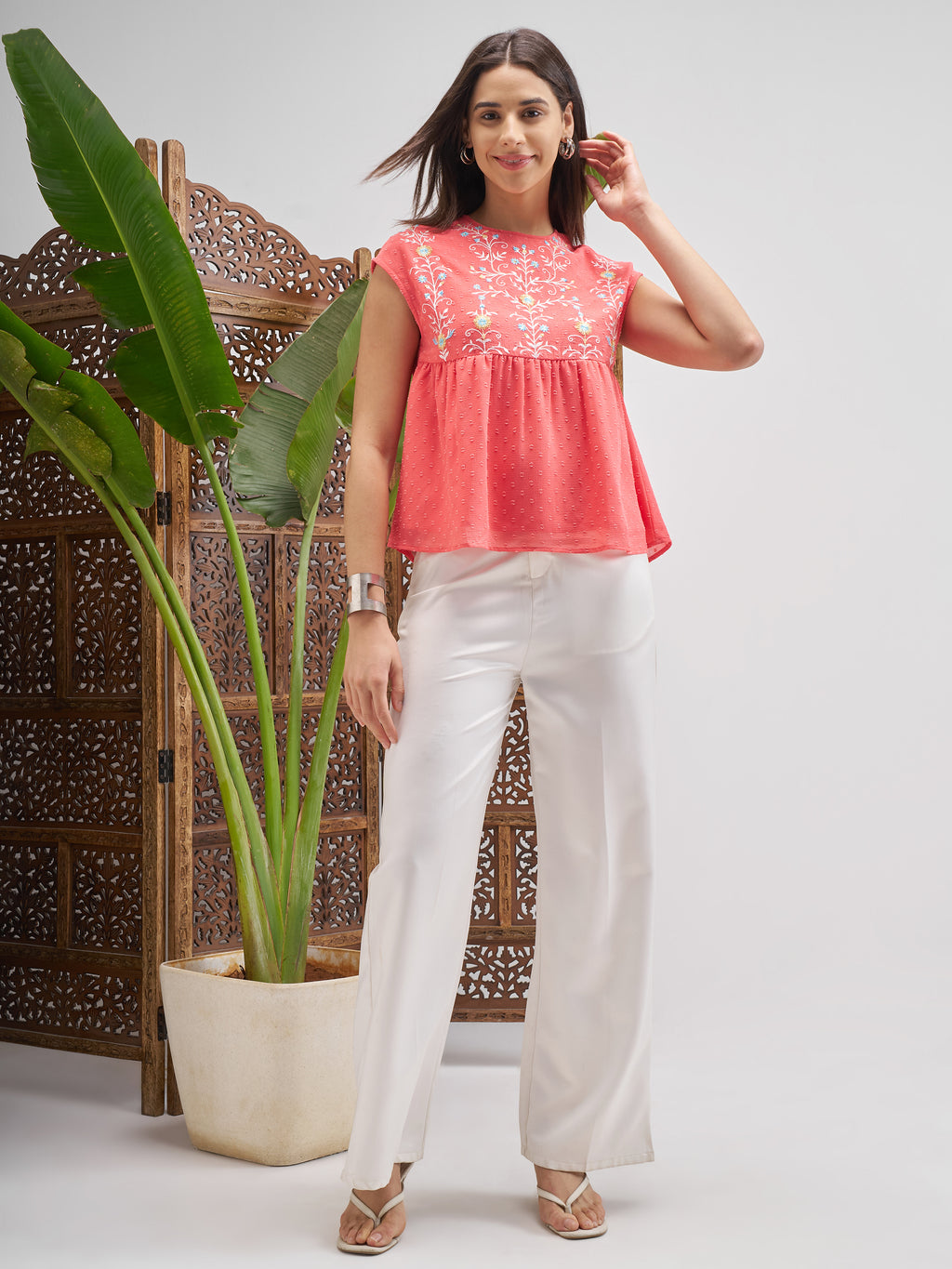 Vishudh Women Peach Embroidered Top - Peach - Image 2