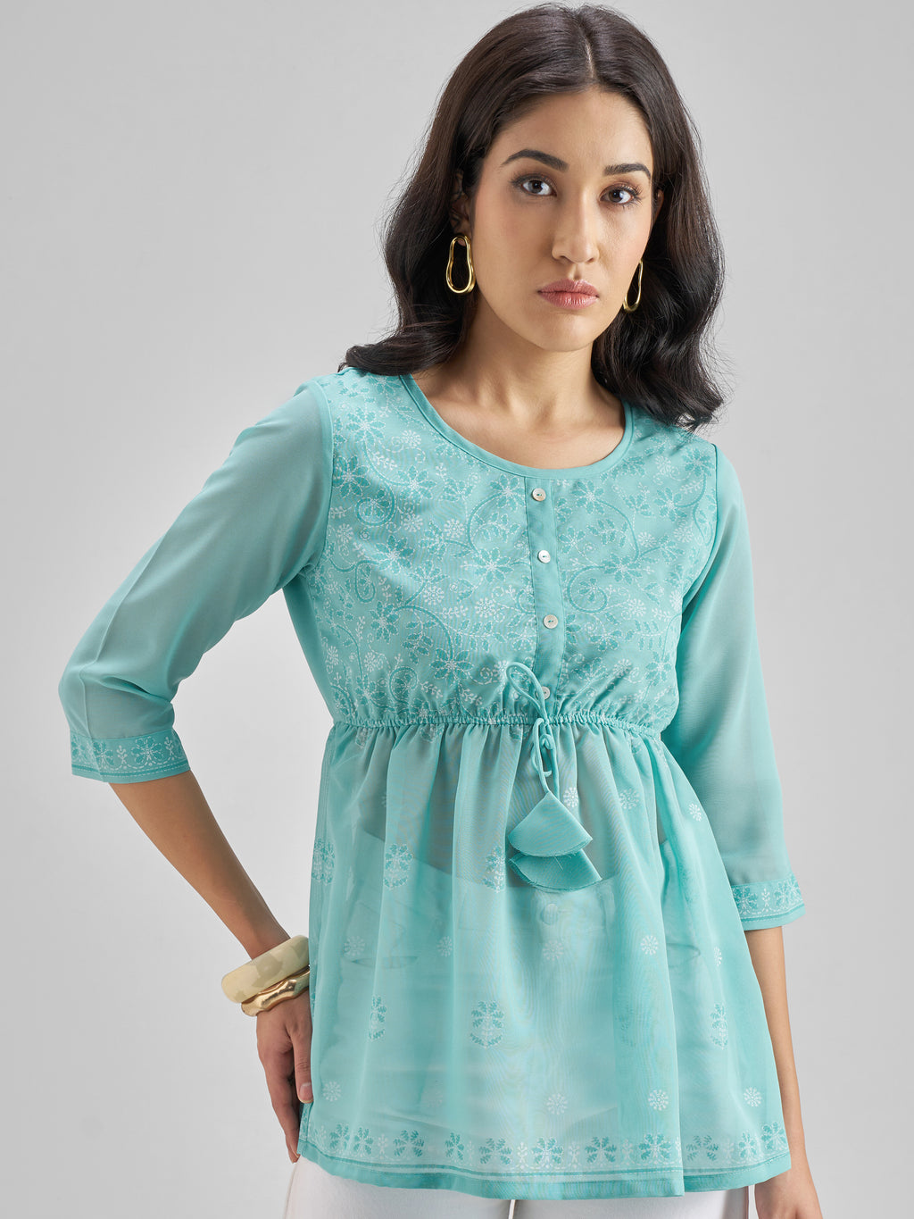 Vishudh Women Turquoise Printed Regular Top - Turquoise - Image 1