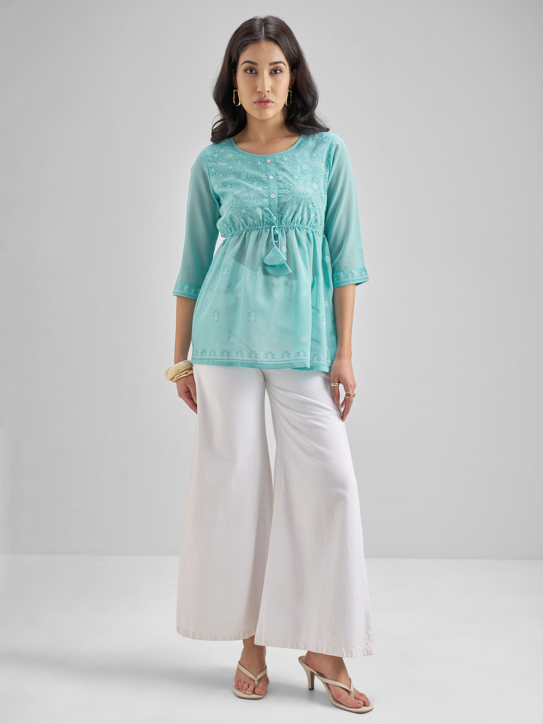 Vishudh Women Turquoise Printed Regular Top - Turquoise - Image 2