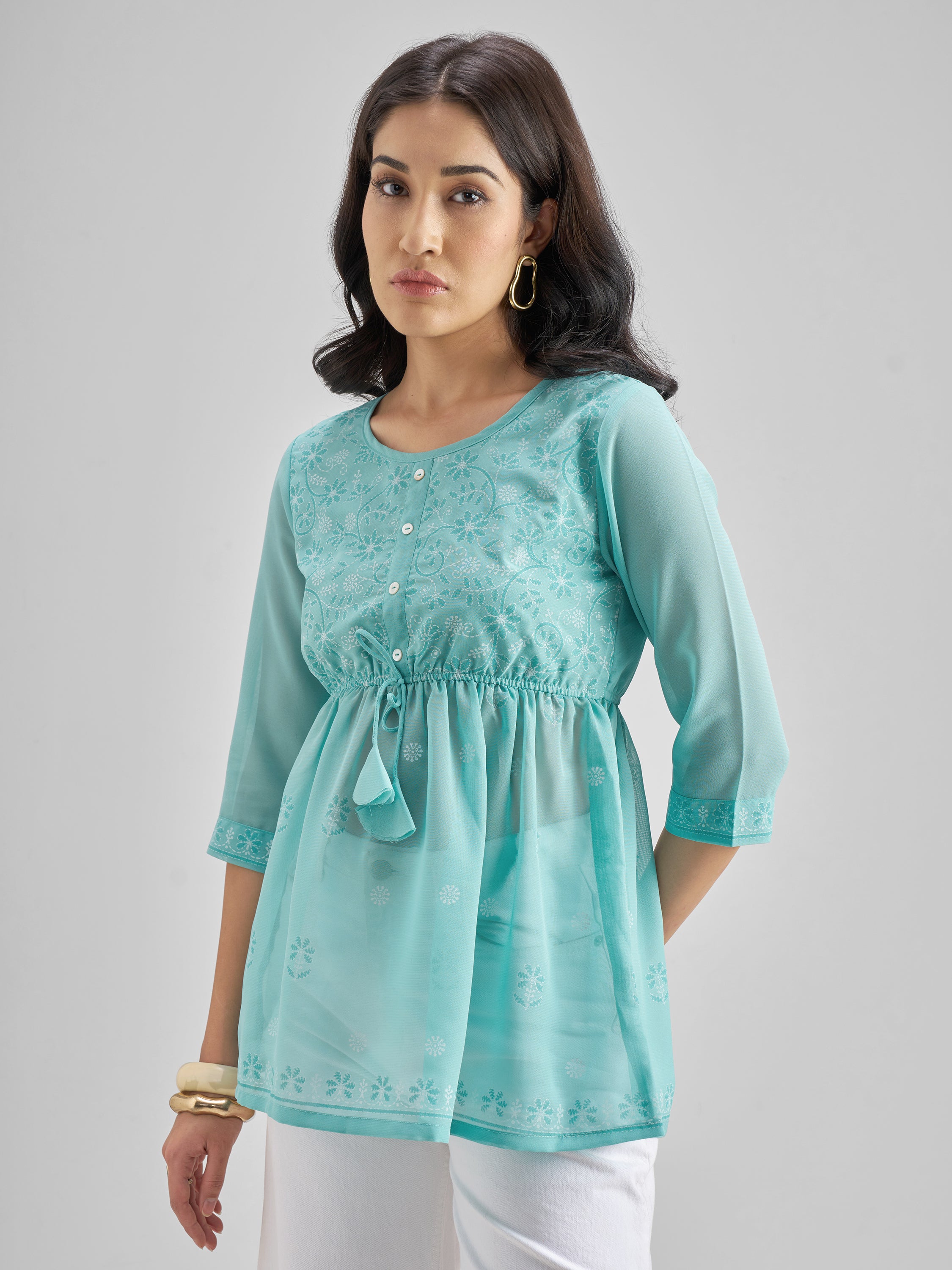 Vishudh Women Turquoise Printed Regular Top - Turquoise - Image 4