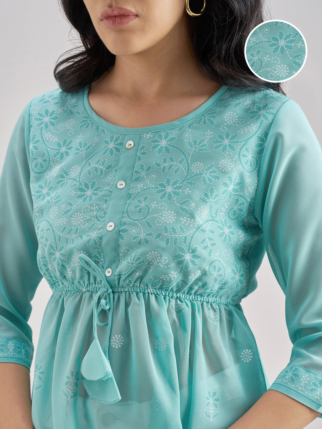 Vishudh Women Turquoise Printed Regular Top - Turquoise - Image 5
