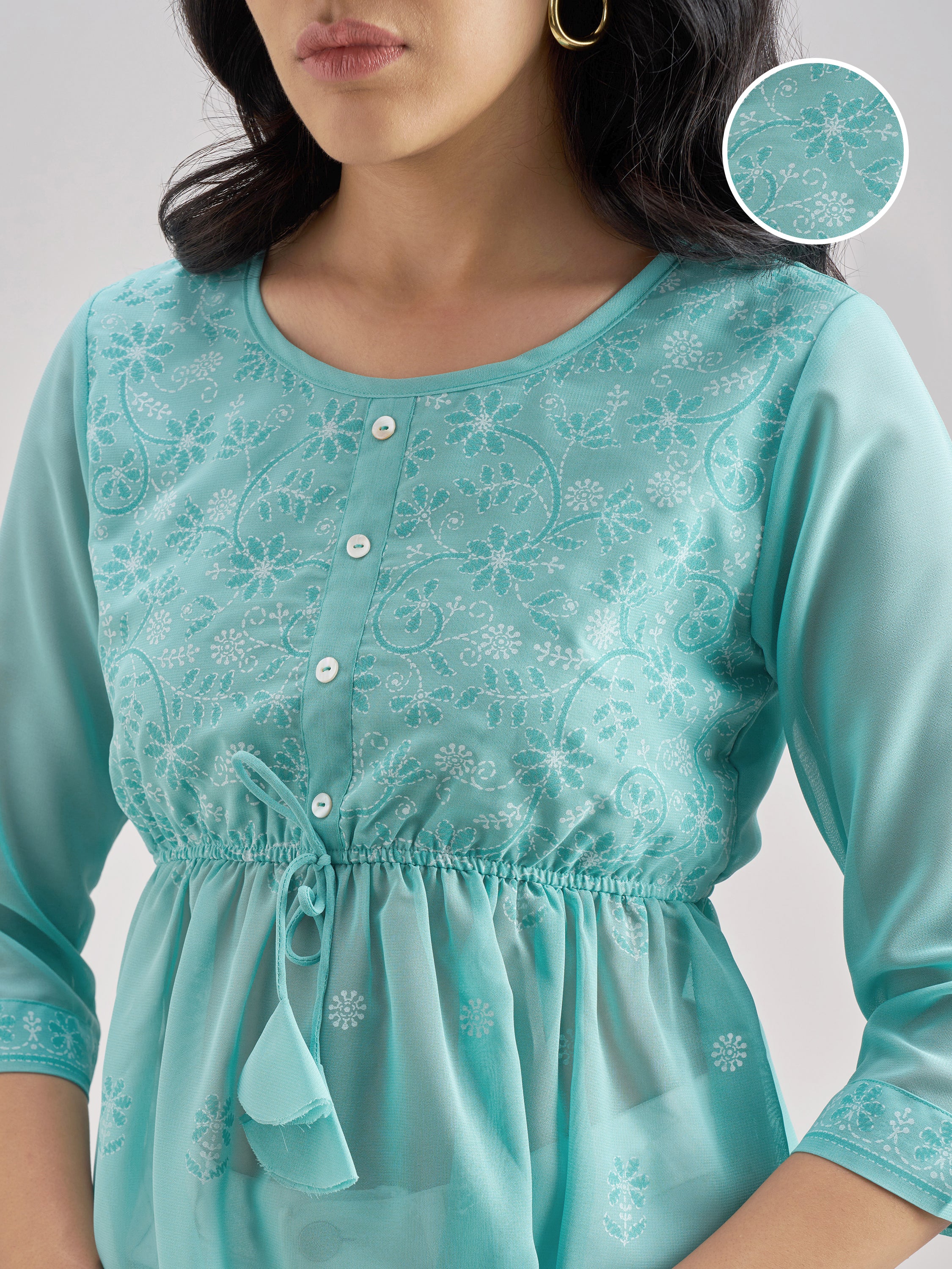 Vishudh Women Turquoise Printed Regular Top - Turquoise - Image 5