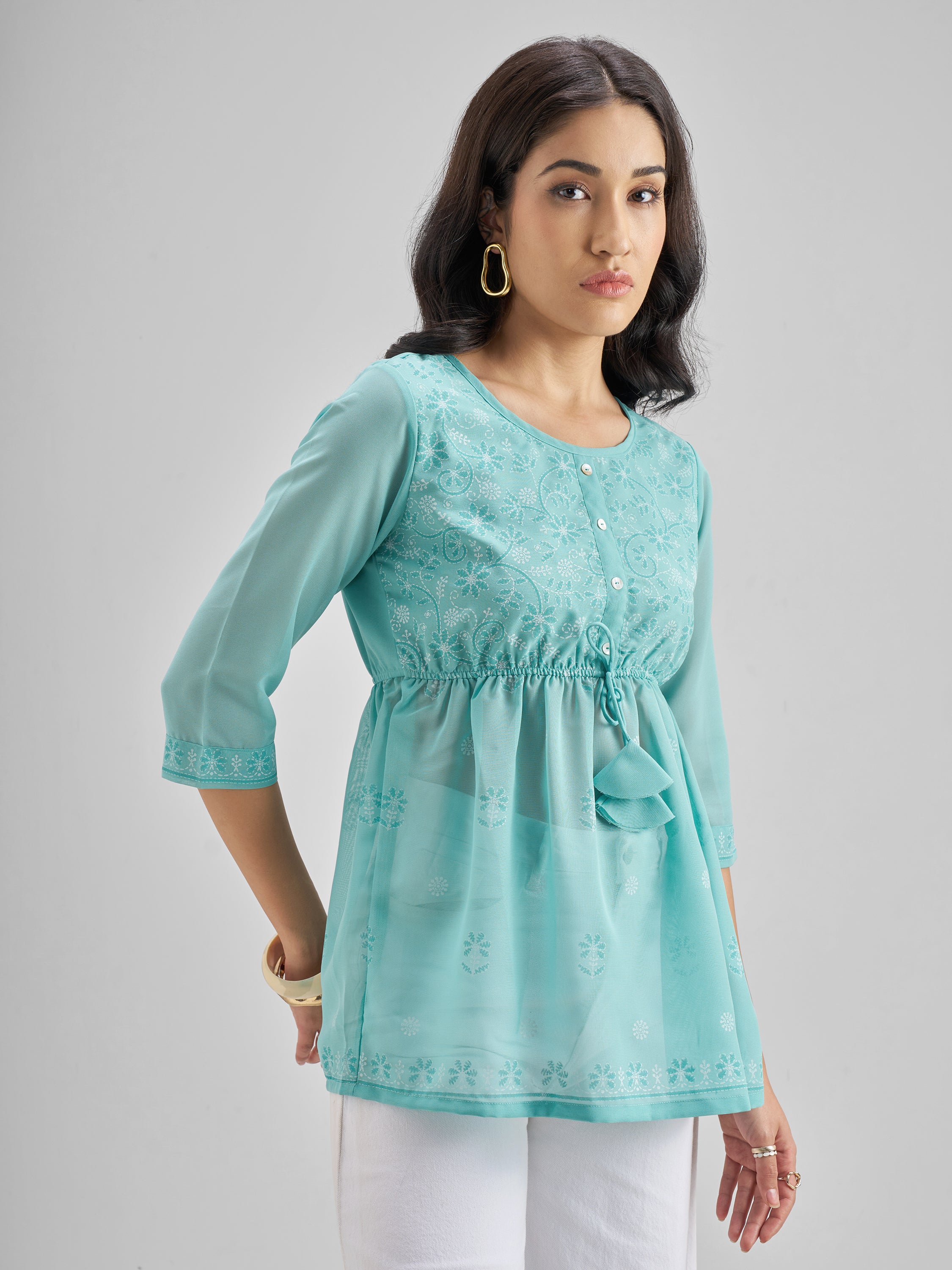 Vishudh Women Turquoise Printed Regular Top - Turquoise - Image 6
