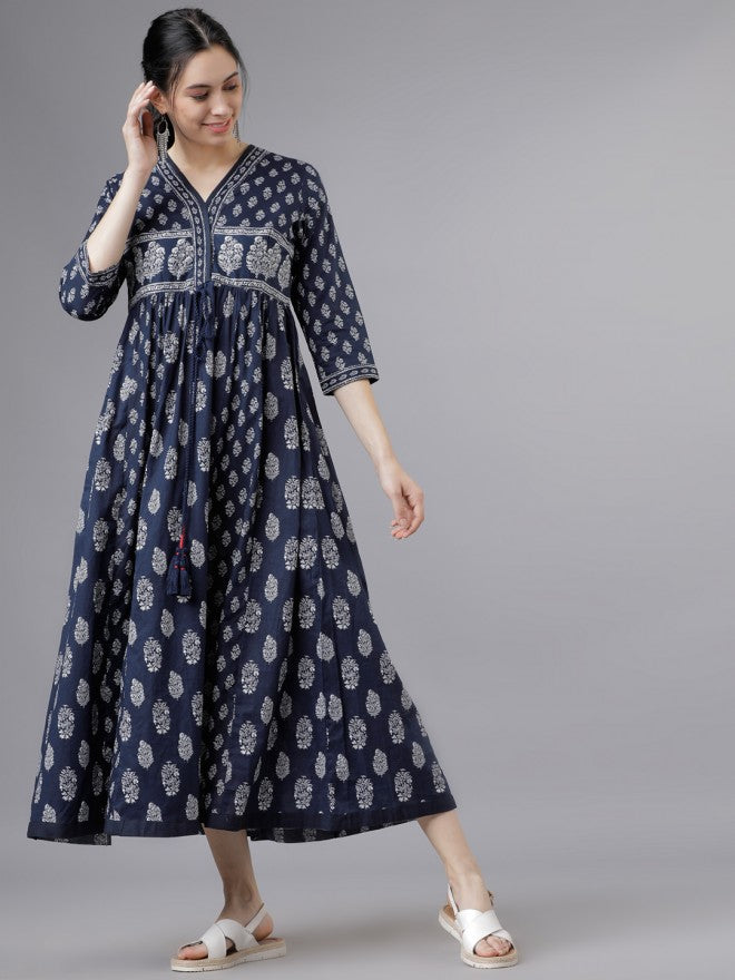 Women Navy Blue/Cream Printed Flared Empire Dress - Navy Blue - Image 1