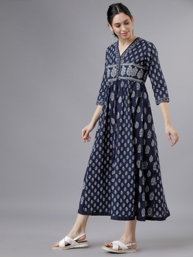 Women Navy Blue/Cream Printed Flared Empire Dress - Navy Blue - Image 2