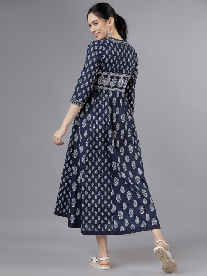 Women Navy Blue/Cream Printed Flared Empire Dress - Navy Blue - Image 3