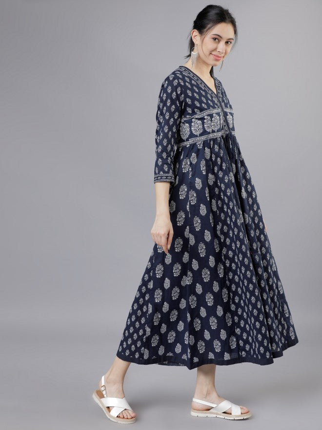 Women Navy Blue/Cream Printed Flared Empire Dress - Navy Blue - Image 4