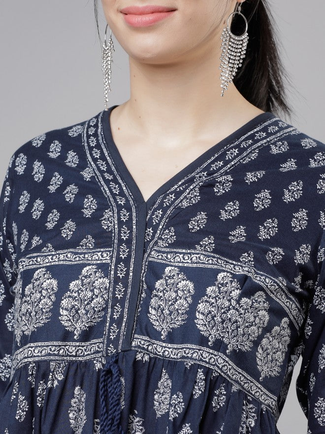 Women Navy Blue/Cream Printed Flared Empire Dress - Navy Blue - Image 5