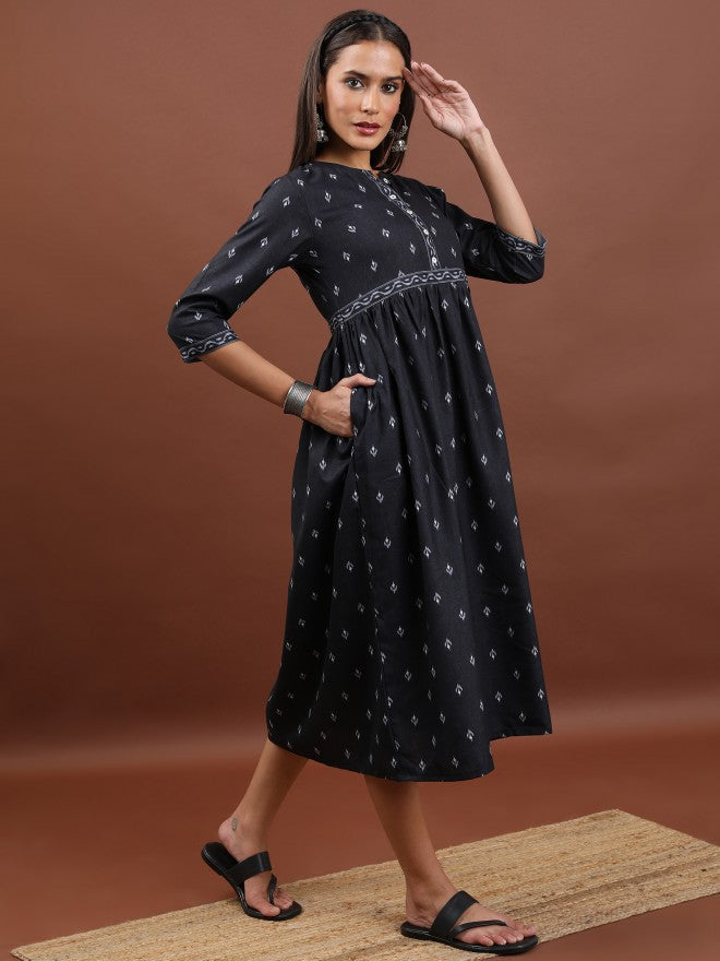 Vishudh Women Black Printed A-Line Dress - Black - Image 2