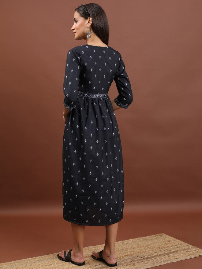 Vishudh Women Black Printed A-Line Dress - Black - Image 3