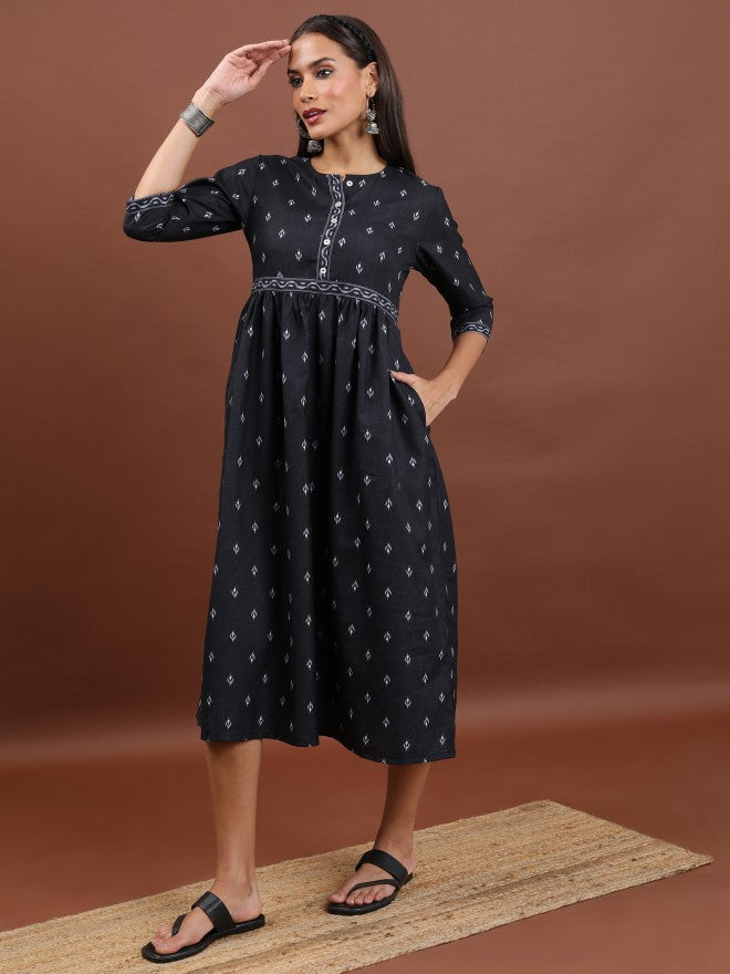 Vishudh Women Black Printed A-Line Dress - Black - Image 4