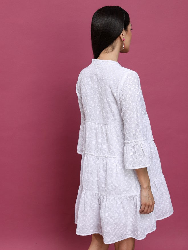 Vishudh Women White Embroidered Fit And Flare Dress - White - Image 3