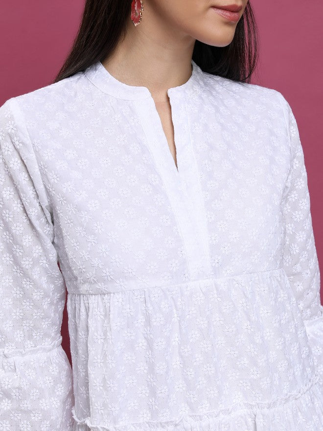 Vishudh Women White Embroidered Fit And Flare Dress - White - Image 5