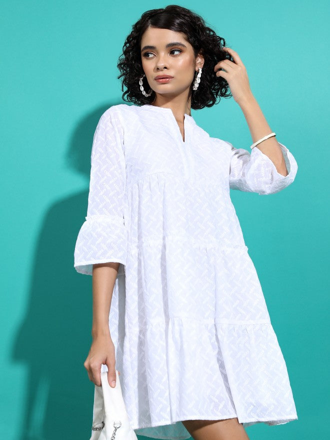 Vishudh Women White Self Design Fit And Flare Dress - White - Image 1