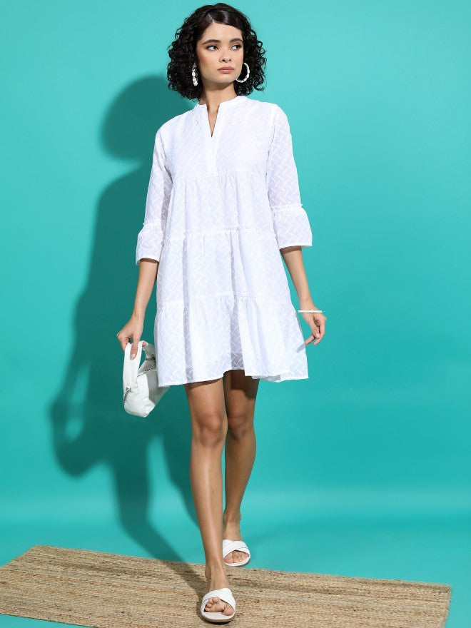 Vishudh Women White Self Design Fit And Flare Dress - White - Image 2