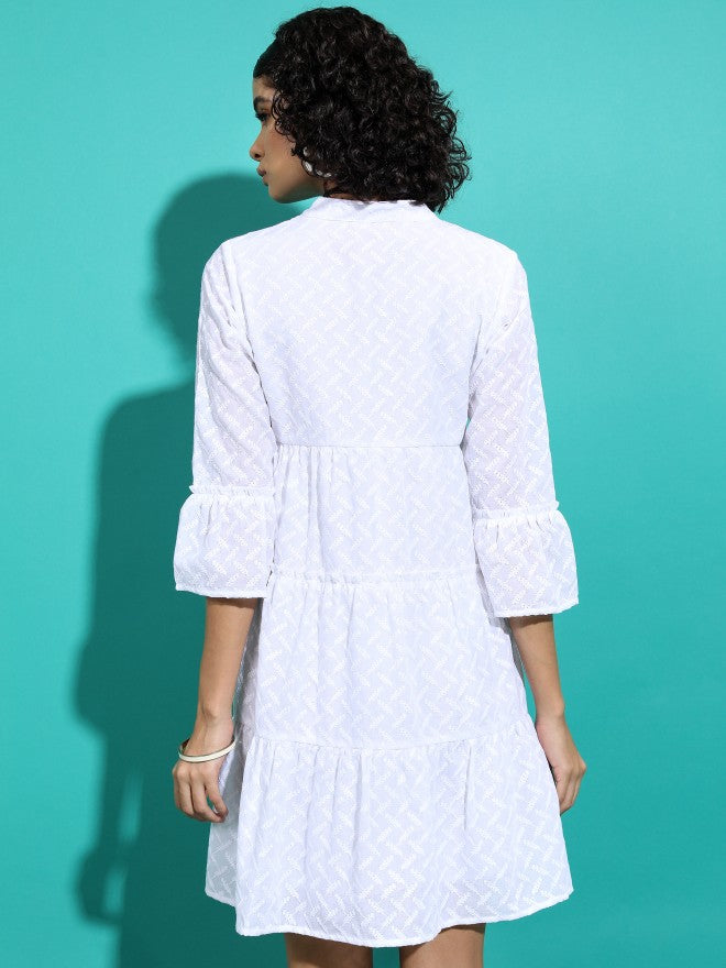 Vishudh Women White Self Design Fit And Flare Dress - White - Image 3
