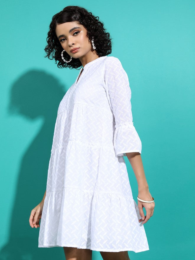 Vishudh Women White Self Design Fit And Flare Dress - White - Image 4