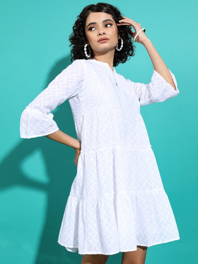 Vishudh Women White Self Design Fit And Flare Dress - White - Image 6