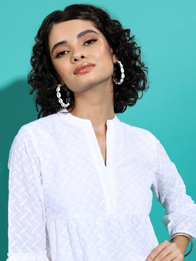 Vishudh Women White Self Design Fit And Flare Dress - White - Image 7