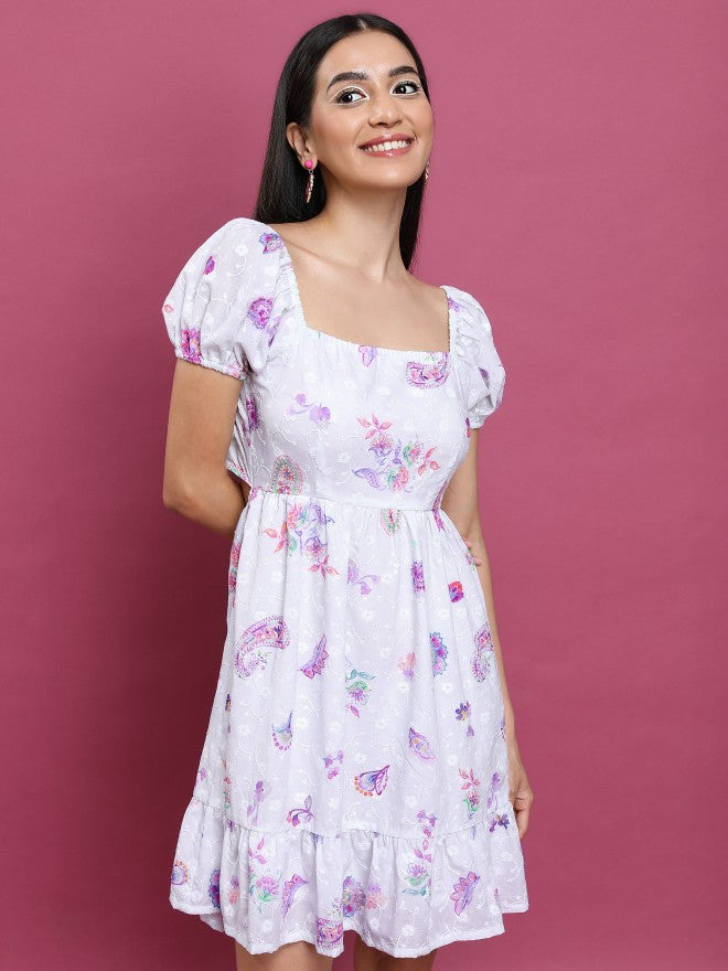 Vishudh Women White Printed A-Line Dress - White - Image 3