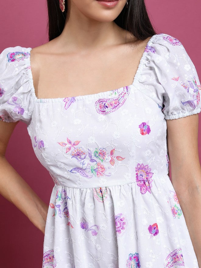 Vishudh Women White Printed A-Line Dress - White - Image 5