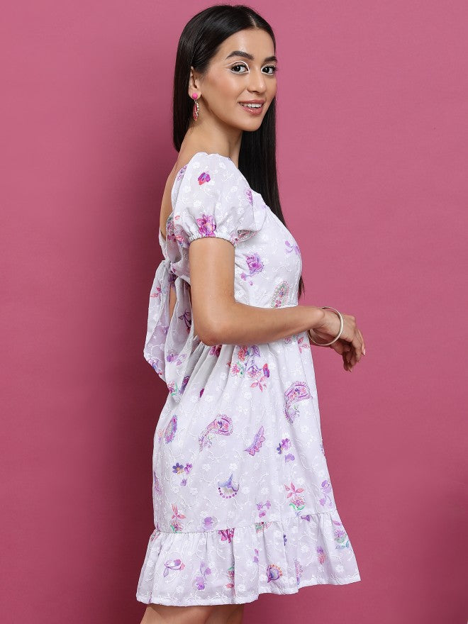 Vishudh Women White Printed A-Line Dress - White - Image 6