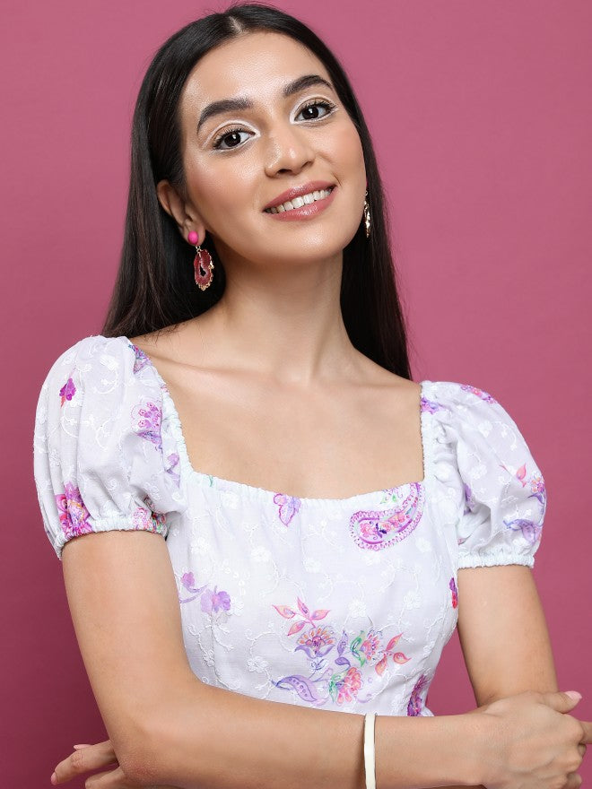 Vishudh Women White Printed A-Line Dress - White - Image 8