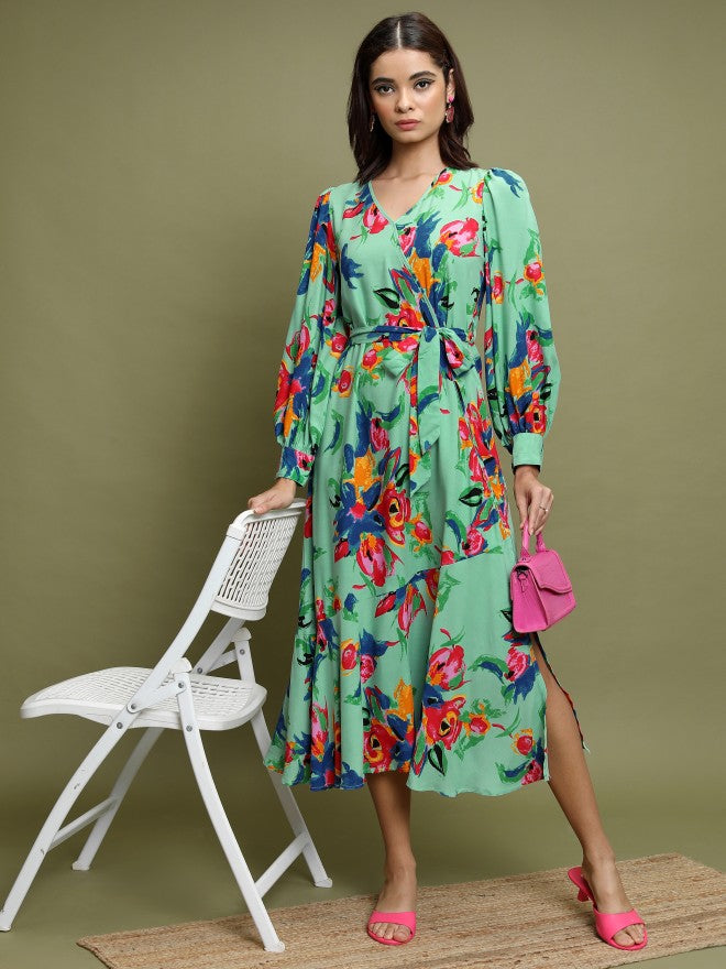 Vishudh Women Sea Green Printed A-Line Dress - Sage - Image 1