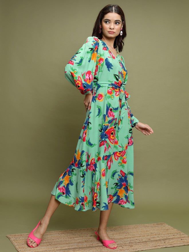 Vishudh Women Sea Green Printed A-Line Dress - Sage - Image 2