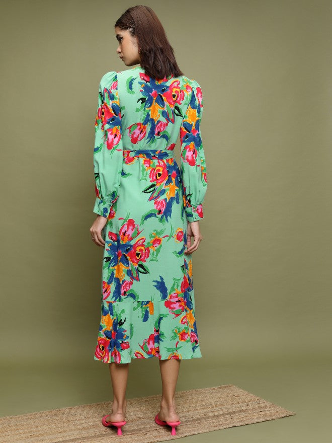 Vishudh Women Sea Green Printed A-Line Dress - Sage - Image 3