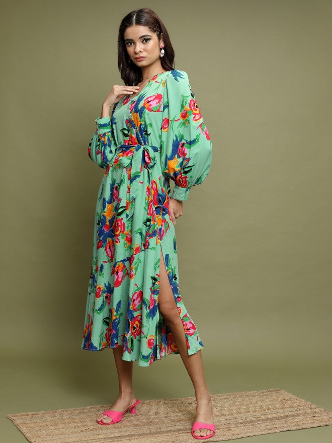 Vishudh Women Sea Green Printed A-Line Dress - Sage - Image 4