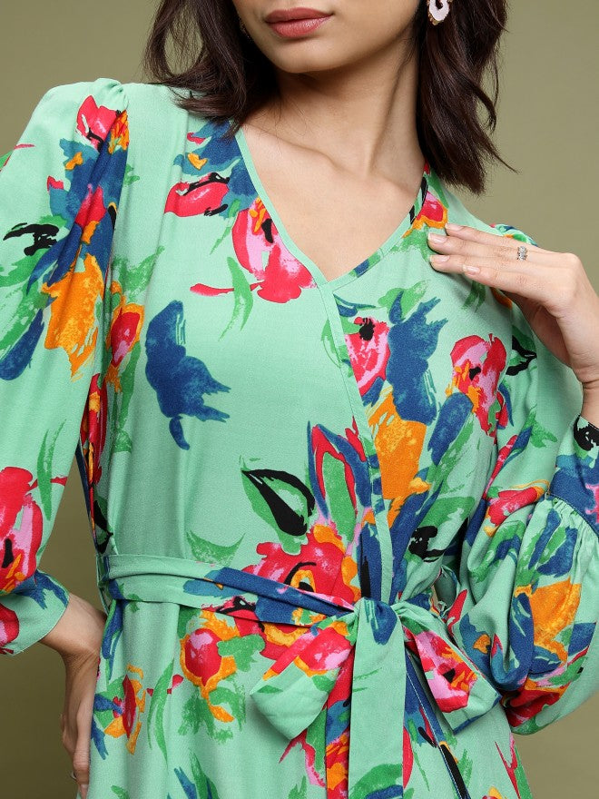 Vishudh Women Sea Green Printed A-Line Dress - Sage - Image 5