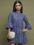 Vishudh Women Navy Blue Self Design A-Line Dress - Navy Blue - Image 1