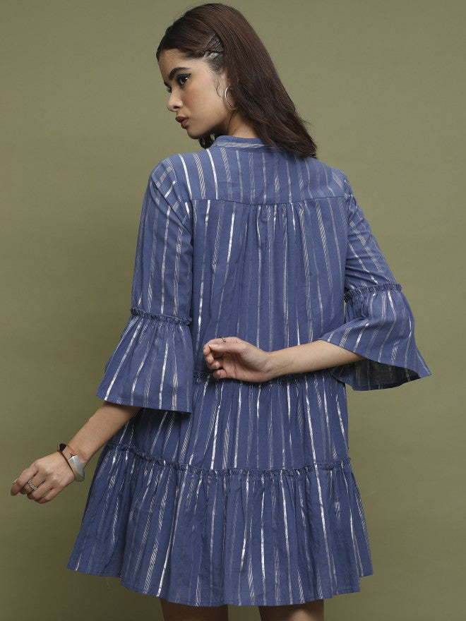Vishudh Women Navy Blue Self Design A-Line Dress - Navy Blue - Image 3