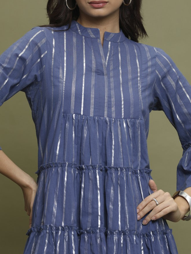 Vishudh Women Navy Blue Self Design A-Line Dress - Navy Blue - Image 5