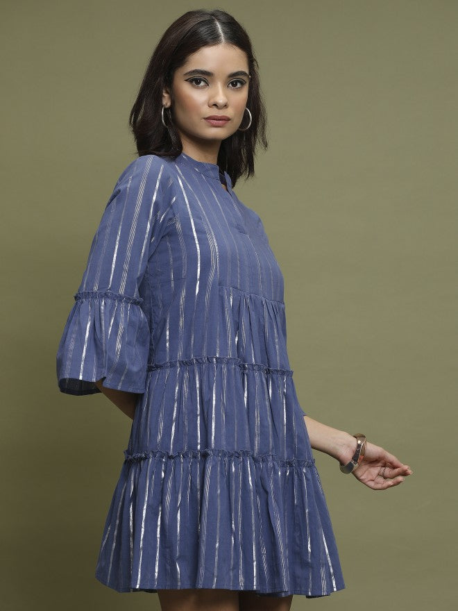 Vishudh Women Navy Blue Self Design A-Line Dress - Navy Blue - Image 6