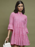 Vishudh Women Pink Self Design A-Line Dress - Pink - Image 1